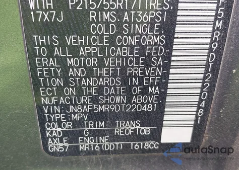 2013 Nissan Juke Sv z USA, uszkodzony, nr VIN JN8AF5MR9DT220481